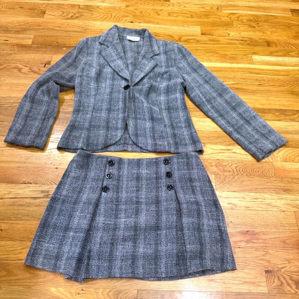 Vintage A. Byer Gray Plaid Skirt Suit Set Blazer Mini Skirt Size L 11 USA Made